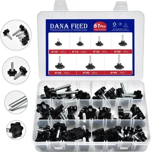 61 Pieces Star Knobs Screw Kit M6 Nylon Black Plastic Replacement Star Hand Knobs with Steel Tightening Screws Standard Metric Handle Thread Stud Bolt Hardware M6x10/12/16/20/25/30/40 mm