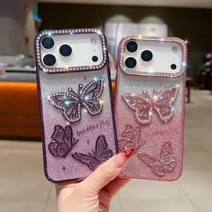 For IPhone 17Pro Max 17 AIR Transparent Soft Silicone Shockproof Protective Electroplated Butterfly Letter Glitter Diamond Case