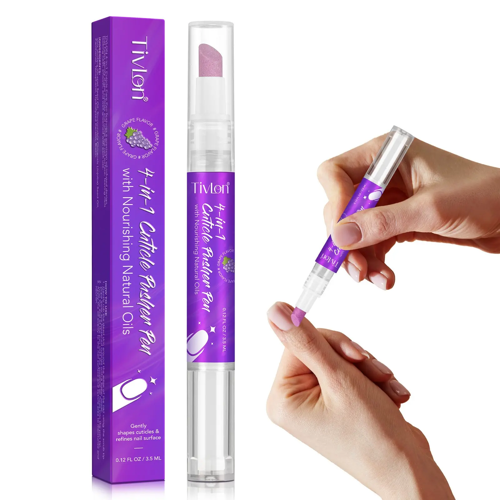 1 Piece 4-In-1 Nail Cuticle Pusher Pen Grape Scent, Nail Cuticle Remover & Polish Prep Tool, Home Manicure Essential