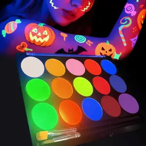 15 Color Fluorescent Water-Based Body & Face Paint, Professional Non-Toxic Hypoallergenic Makeup, Easy Clean Mix Colors Stage Costume Party Halloween Christmas Easter Tattoo, Cosmetic