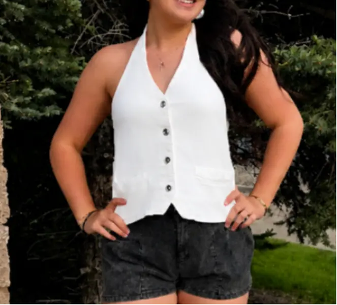 Open Back Tie Halter Denim Top