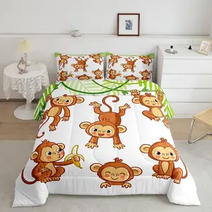 Feelyou Twin Size Cartoon Monkey Print Bedding Set - Breathable Quilt Set with Animal Motif, Banana Decor, for Twin Size Bed Bedroom Home Furnishings