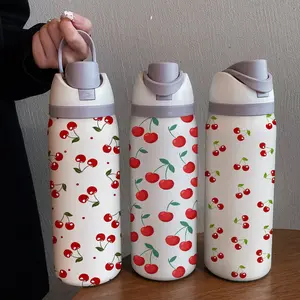 32oz Insulated Stainless Steel Mug with Straw, Artistic Cherry Design, Ideal for Cold Drinks, Travel & Outdoor Activities, Leakproof Insulated Tumbler