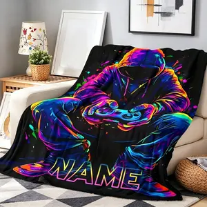 Cyberpunk Gamer Flannel Blanket, featuring high-saturation neon colors. Fully customizable with any name you desire—a perfect gift for boys, teens, and gamers.