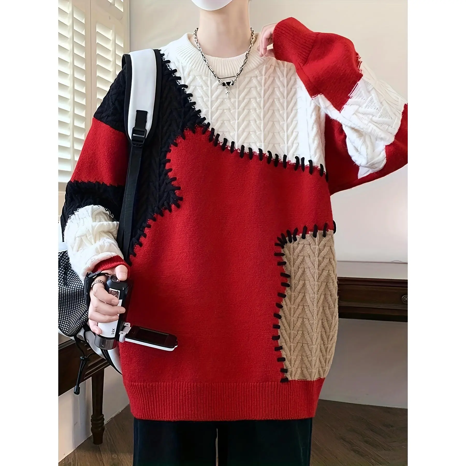 Men's Color Block Cable Knit Sweater - Casual Long-Sleeve, Ribbed Cuffs, Warm Cozy Acrylic Blend Pullover for Adults - Menswear Tops for Multiple Seasons
