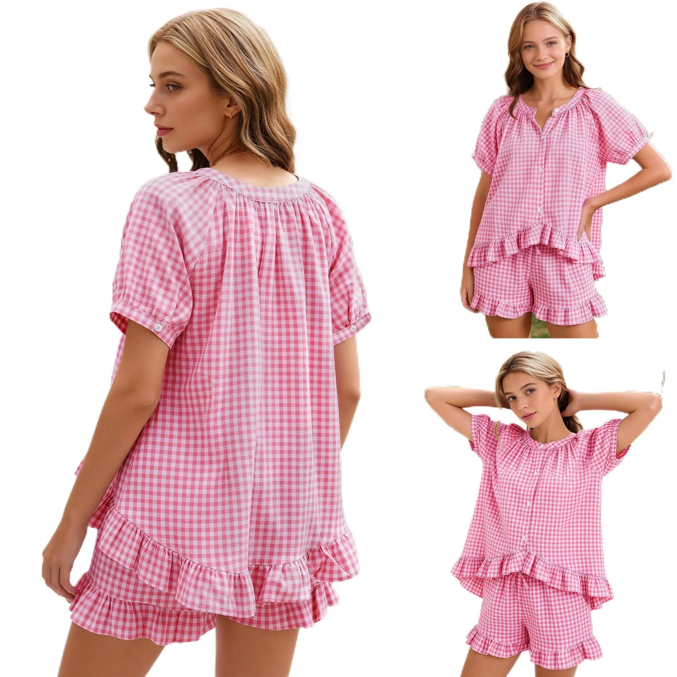 Women's Gingham Pajama Set 2 Piece Y2K Puff Sleeve Button Down Ruffle Hem Sleepwear