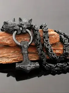 Vintage Wolf Head Pendant for Men, Cuban Link Necklace, Punk Fashion Stainless Steel Jewelry for Party Decor, Trendy All-match & Exquisite Jewelry for Birthday Gift