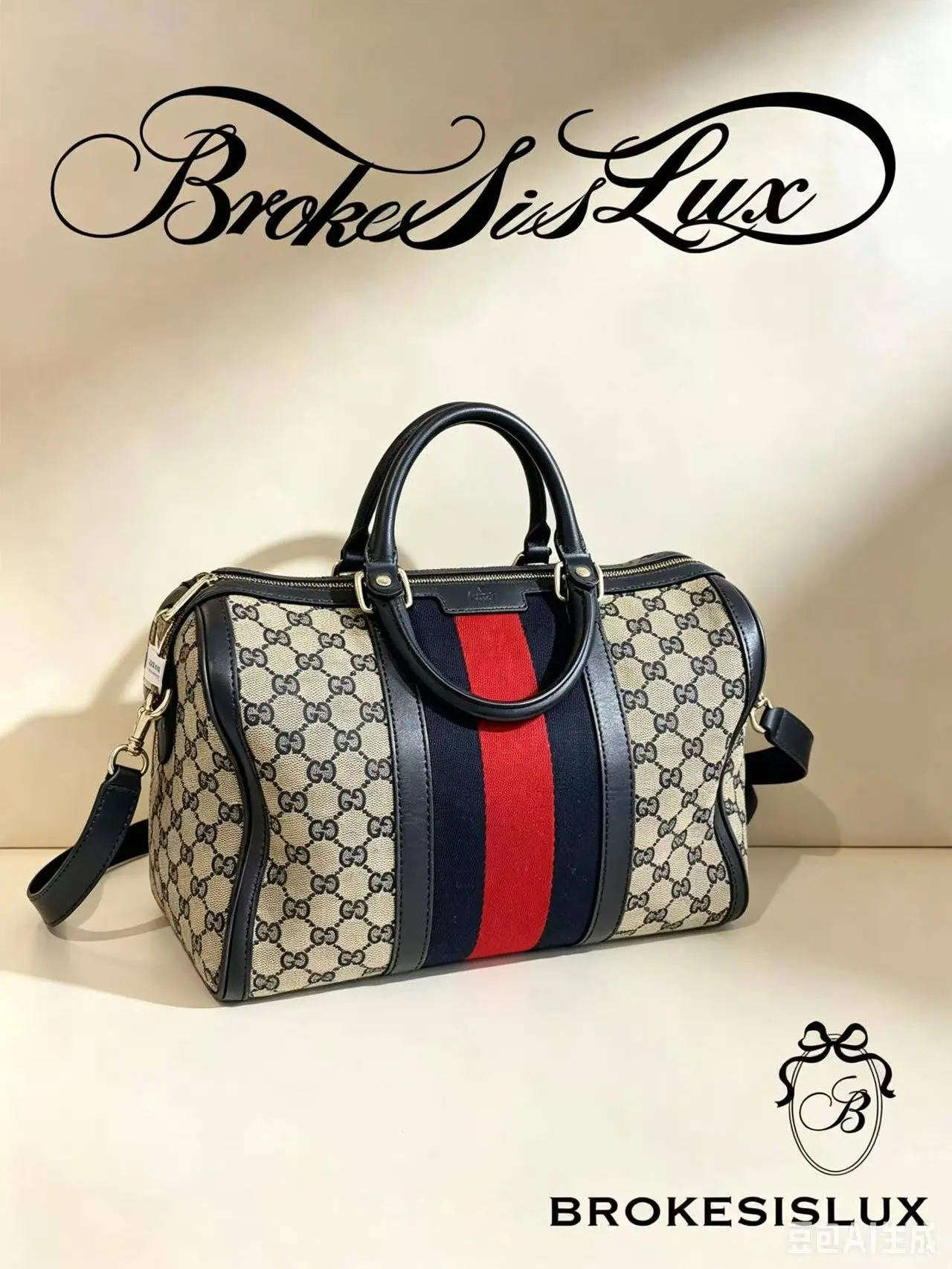 Pre-owned GUCCI Medium Vintage Boston Duffle Bag, Original GG Supreme Jacquard Canvas, Navy Calfskin Trims, Iconic Red & Navy Web Stripe, Detachable Crossbody Strap