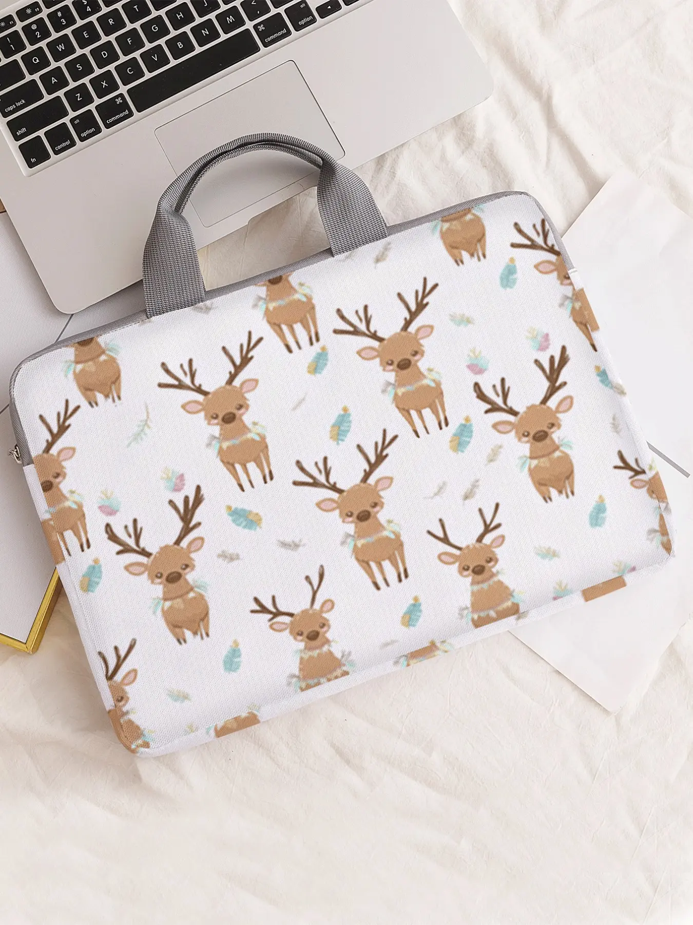 Deer Pattern Printed Notebook Bag, Soft Laptop Sleeve, Fits Notebooks, Tablets, Zippered Storage Pouch, Casual Style, All Seasons