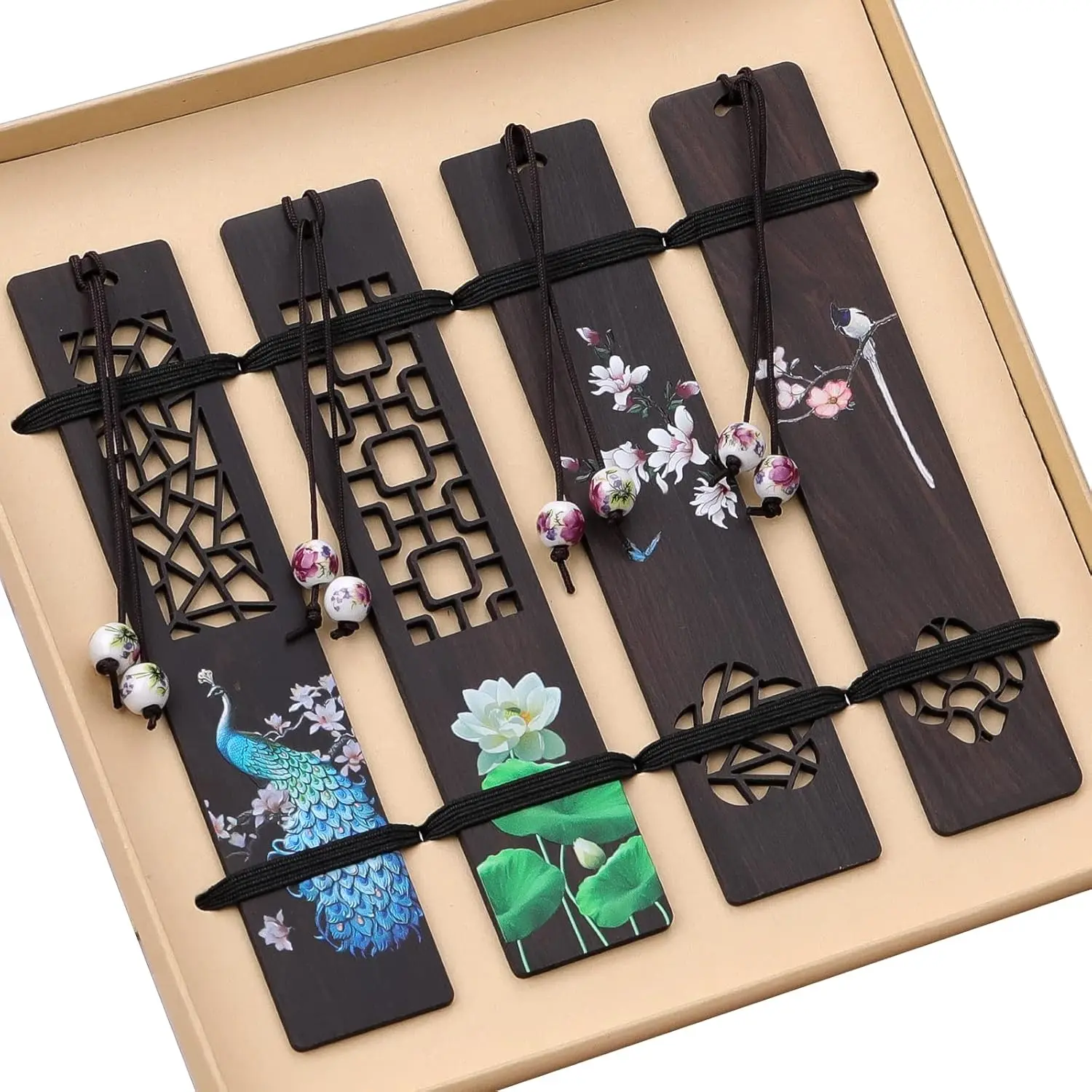 Handcrafted Chinese Style Wooden Bookmark with Peacock & Lotus, Classic Chinese Pendant, Hollow-Carved & Painted Craft, 14.2 x 2.7 x 0.2 cm, Ideal Office Stationery Gift for Friends Teachers