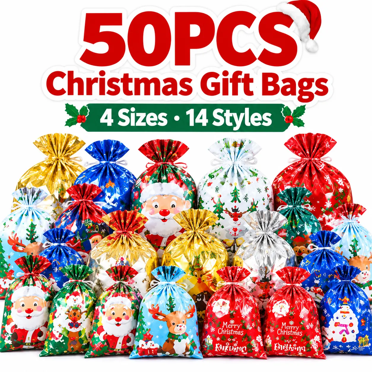 50Pcs Christmas Gift Bags with Drawstring, Bulk Holiday Candy Bags Party Favors, Reusable Xmas Treat Bags for Gift Wrapping, Santa Goodie Bags for Kids Classroom Party