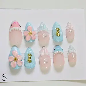 Press On Nails Summer Unique Shark Flower Shell Pink Blue Trendy Seahorse Solid Design Manicure Made Easy Quick Stylish Update