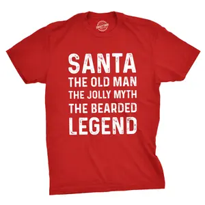 Mens Santa The Old Man The Jolly Myth The Bearded Legend T Shirt Funny Christmas Party Tee Mens Funny T Shirts Cool Vintage Fashion T-Shirt Gift Classic Menswear Christmas Apparel for Men Novelty Tees for Guys Red