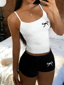Y2K Sweet Cool Bow Backless Top & High Waist Shorts Set, Elastic Stretchy Cotton Feel, Casual Fashion, All Seasons, Street Style
