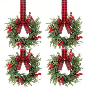 2-Pack Mini Christmas Berry Wreaths, & Plaid Bows, Non-Electric, Feather-Free, Easy Mount, Farmhouse Style, Holiday Decor, Room Decoration Ornaments
