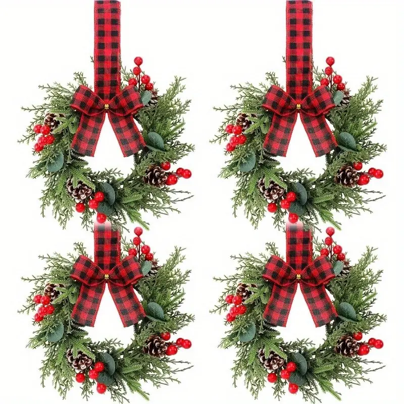 2-Pack Mini Christmas Berry Wreaths, & Plaid Bows, Non-Electric, Feather-Free, Easy Mount, Farmhouse Style, Holiday Decor, Room Decoration Ornaments