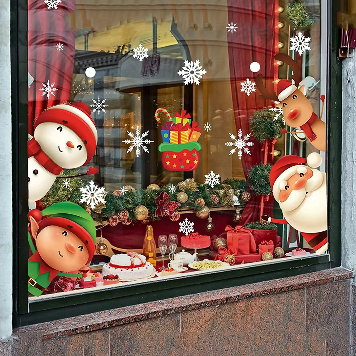 82 Pcs PVC Decorative Christmas Snowflake Window Clings Stickers - 7.9"x11.5" Water Resistant, No Adhesive, Durable, Easy-Remove Smooth Glass Decor with Double-Side Patterns, Santa Claus, Reindeer for Indoor/Outdoor Holiday Parties