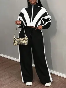 Women's Street Style Casual Patchwork Two-Piece Loose Fit Set, Matching Sets, Contrast Color Zipper Long Sleeve Top & Elastic Waist Pants, Sporty Outfit