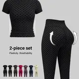 Women's 2-Piece Shane Gillis Gym Activewear Set - Slim-Fit Short Sleeve Quick-Dry Polyester T-Shirt, High-Waist Tummy-Control Butt-Lifting Capri Leggings for Gym & Fitness,shane gillis gym outfit,outdoorfun