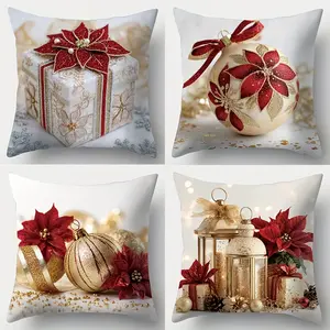 4pcs-Christmas Throw Pillow Covers, Red and Golden Vibrant Christmas decor pillow cover, Suitable for Home Sofa and Bed Decor, Single-sided Printing, Without Pillow Core