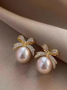 Elegant 925 Silver Needle Pearl Earrings, Rhinestone Bow Design, Pearl Bowknot Decorated, Women's Fashion Jewelry for All Seasons, Ideal Gift Choice