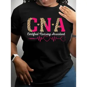 Women's Certified Nursing Assistant CNA Graphic T-Shirt - with Leopard Print & Heartbeat Design, Short Sleeve Crew Neck Casual Top, Medium Stretch Breathable Fabric for Spring & Summer, Machine Washable Healthcare Worker Apparel