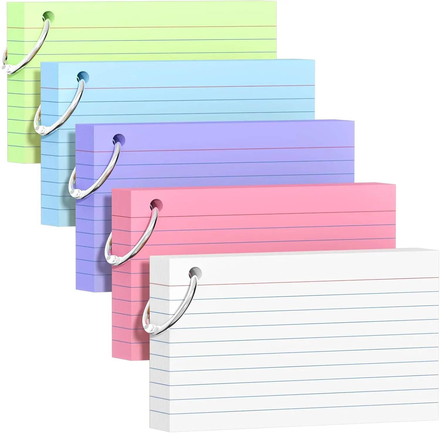 250 Count 3x5 Colored Index Cards with Key Ring, 180gsm Heavyweight Study Flash Cards, 5 Color.