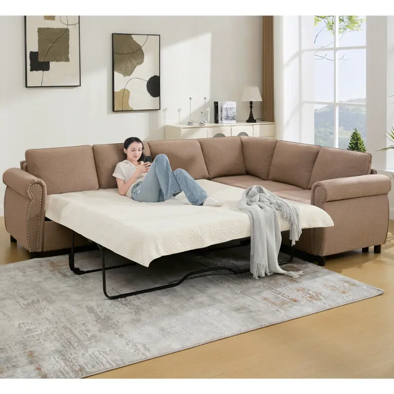 [NEW AIVED] [VIDEO PROVIDED] Sleeper Sofa, 2 in 1 Pull Out Couch Bed,6 seater sofa bed, L Shaped Sleeper Sectional Sofa Couch,Riveted sofa,104'' Large combined sofa Bed in living room, Brown