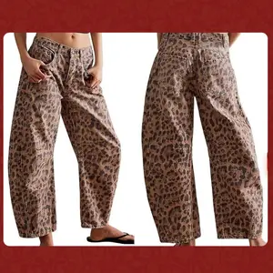 -Women's Baggy Barrel Loose Mid Leopard Printed Wide Leg Denim Tube Vintage Bottom Fashion Jeans- Can be used with a raincoat