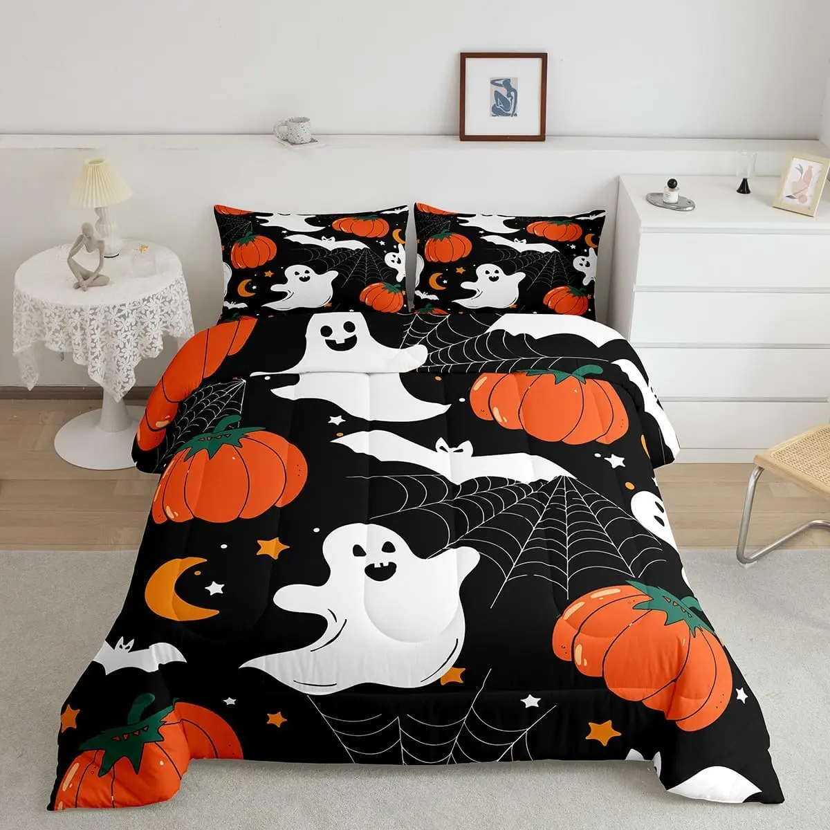 Halloween Ghost Comforter Set Pumpkin Lantern Comforter Room Decorative Spider Web Bat Print Bedding Set Halloween Theme Duvet Set