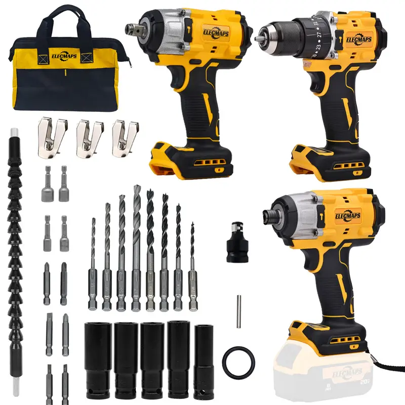 Brushless Power Tool Set - 3-piece tool set including impact wrench, drill, and screwdriver; multi-functional all-in-one home improvement and finishing set suitable for home use, fine woodworking, and furniture assembly (batteries not included).