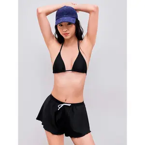 Cider Halter Solid Triangle Cheeky Bikini Swimsuit With Swim Shorts