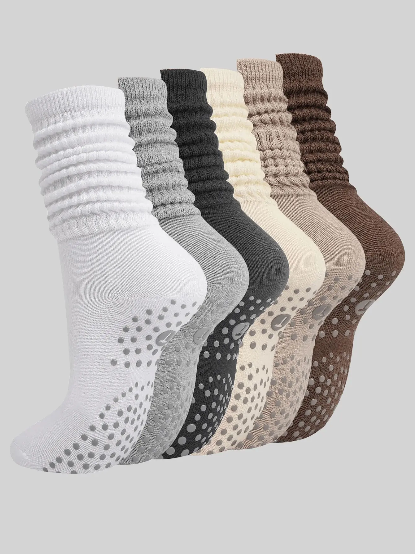 Women's Non-Slip Pilates Socks (6 Pairs, One Size) - Long Scrunch Boot Crew Socks with Grips, Breathable, Sweat-Wicking, Arch Support for Yoga, Barre, Back to School Outfits