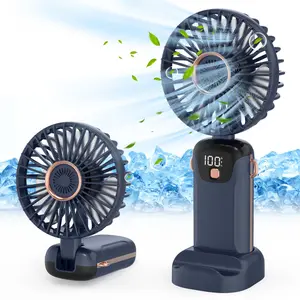 Electric Portable Handheld Fan, USB Rechargeable Fan with LED Display, 90° Foldable Desk Fan with Base, 5 Speed Makeup Fan for Women, Multifunction Rechargeable Fan