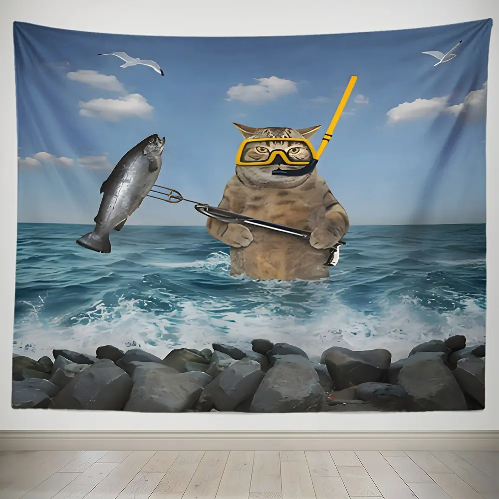 1 PC Decorative Cashmere Tapestry - Personalized Ocean Wave Fishing Theme - Lightweight Hanging Home Decor Photo Prop Backdrop - Fun Cat Fishing Hook Design - Creative Gift Idea, Wall