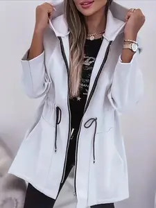 Women's Hooded Casual Jacket with Adjustable Drawstring Waist and Zipper, Loose Fit Open Front, Long Sleeve Plain Design, Fall & Winter Fashion Outerwear Basic Womenswear