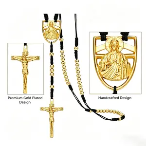 14K Gold Plated Jesus Christ Crucifix Cross  Hypoallergenic Material Sweat-Resistant with the Black Bead Cord Long Catholic Faith Necklace Custom Designer Pocket Religious Christian Gift of Protection and Blessing