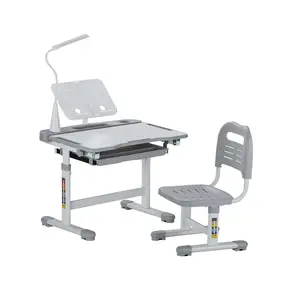 VEVOR Kids Study Chair and Desk Set, Study Desk and Chair for Kids with Table Lamp, Adjustable Height 0-40 Tilted Desktop Kids Desk and Chair, Children Study Table for Bedroom Study Room, Grey