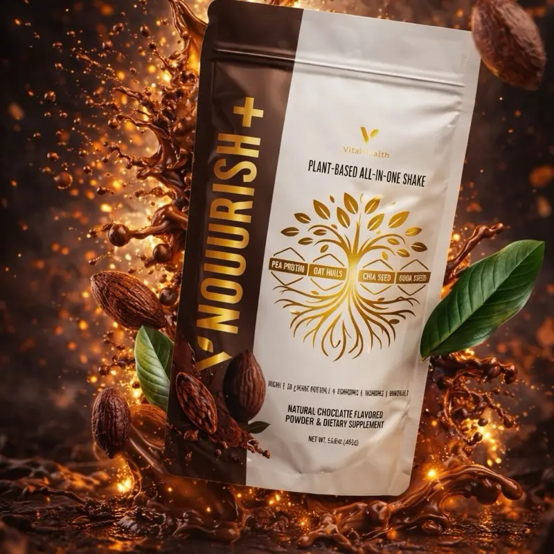 Nourish+ Plant-Based All-In-One Protein Shake Natural Chocolate Flavor Vegan 20g Plant Protein Powdered Dietary Supplement