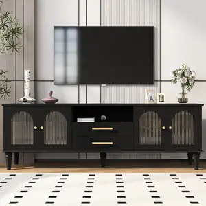 VIBE HAUS 68.9'' Retro TV Stand for TVs up to 75 Inches, Entertainment Center Media Console with Fluted Glass Doors and Five Solid Wood Legs for Living room