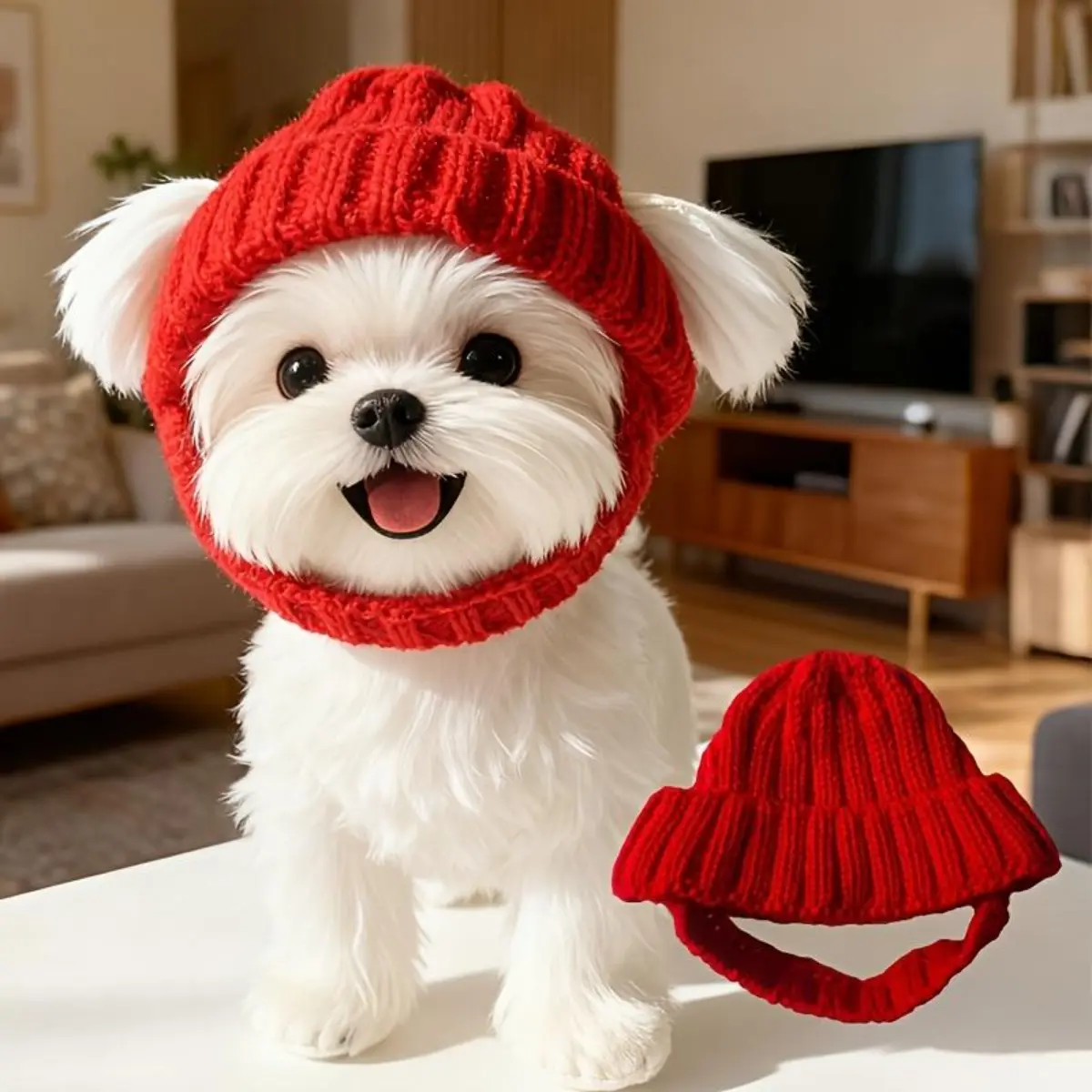 Small Dog Red Winter Ear Flap Beanie - Elastic Fabric, Cozy Warmth Boost Pet Clothing, Ideal for Maltese, Indoor-Outdoor Walk Costume, Ear Flaps