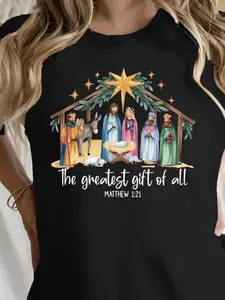Inspiring Womens Nativity Verse T-Shirt Featuring Mary Matthew One Twenty One Inspired Design Soft Polyester Blend Short Sleeve Casual Top for Church Celebrations Christmas Outfits and Daily Wear