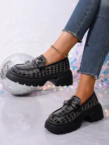 Gold Crocodile Pattern Thick Sole Loafers, British Style Chunky Heel Small Leather Shoes, Retro College Wind Single Shoe for Women