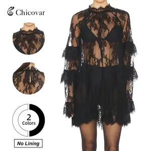 Chicovar NO Lining! Women’s Sheer Black Lace Mini Dress, See Through, Unlined Long Sleeve Crew Neck Elegant Cocktail Dress with Ruffled Hem, Concert, Party, Evening Wear, Summervibes, Fashion