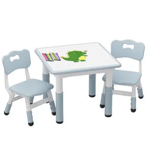 Height Adjustable Kids Table And 2 Chairs Set Wooden Toddler Study Desk Graffiti Desktop Activity Table For Drawing Art Craft Playroom Furniture Homework Station For Boys Girls Age 2-10 Waterproof Easy Clean BPA Free White