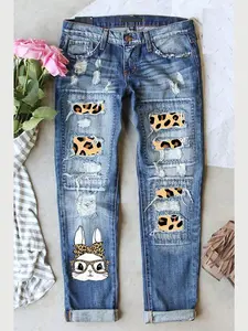 Women's Patch Ripped Distressed Mid-Waist Boyfriend Fit Washed Cute Easter Rabbits Eggs Print Loose Denim Jeans Elastic Waistband Breathable Comfy for All Seasons