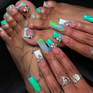 3D Women's Colorful Press-On Rhinestone Nails and Toe Nails with Floral Designs and Green Accents for Stylish Manicures