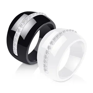 Ceramic Couple Ring,14MM Large Size,Black White Single Row Rhinestone Inlaid,Minimalist Temperament Band,Fashion Luxury Finger Jewelry,Daily Dating Party Accessory