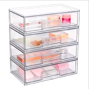 4 Pack Clear Stackable Storage Drawers  | Multi-Compartment Desk Organizer for Pens, Makeup & Office Supplies | Space-Saving Transparent Bins for Home, Vanity & Workspace