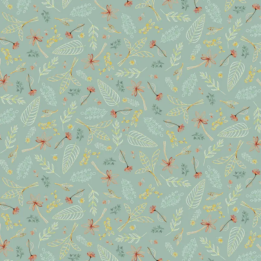 Fabric P & B Textiles Teal Tossed Leaves Mini Menagerie by the Quarter Yard MMEN6119-T
